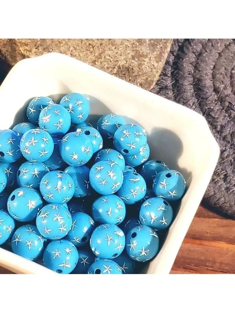 10 Vintage Retro Turquoise Silver Stars 12mm Round Acrylic Shabby Chic Beads